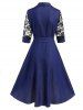 Flower Lace Panel Belted Turn Down Collar Button-up High Low Midi Vintage Dress -  