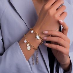 2Pcs Footprint Chain Charm Bracelets Jewelry - GOLDEN
