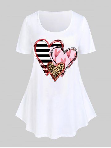 Plus Size Heart Stripes Leopard Printed Short Sleeves Tee - WHITE - L | US 12