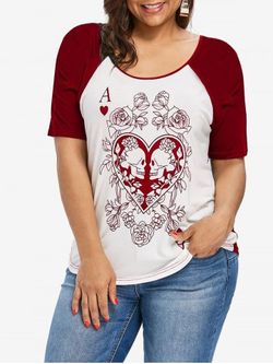 T-shirt à Imprimé Gothique Rose Crâne à Manches Raglan - DEEP RED - 3X | US 22-24