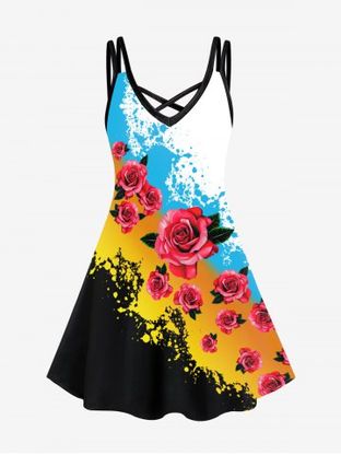 Plus Size Rose Paint Paint Splatter Crisscross Printed A Line Sleeveless Dress
