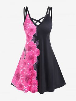 Plus Size Crisscross Flower Print Knee Length Dress - BLACK - 1X | US 14-16