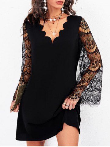 Plus Size Lace Bell Sleeve Scalloped A Line Dress - BLACK - L | US 12