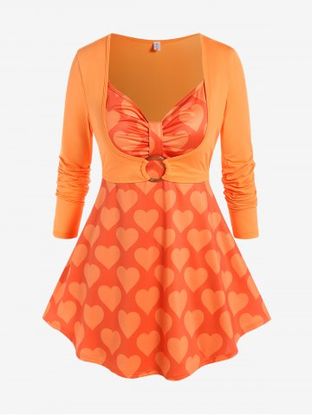 Plus Size Heart Print O Ring Faux Twinset Tee