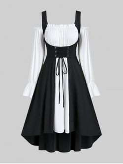 Plus Size Lace Up Cold Shoulder Ruffles Two Tone High Low Dress - BLACK - M | US 10