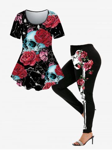 Halloween Rose Skull Skeleton Printed Tee and Leggings Outfit - BLACK