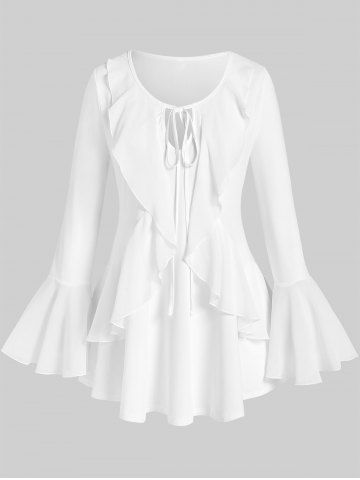 Plus Size Solid Flare Sleeves Flounce Tie Blouse