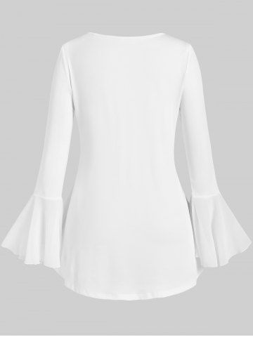 Plus Size Solid Flare Sleeves Flounce Tie Blouse
