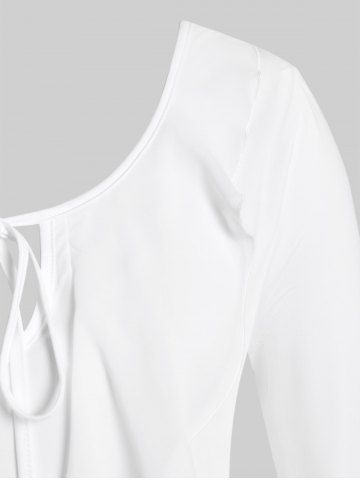 Plus Size Solid Flare Sleeves Flounce Tie Blouse