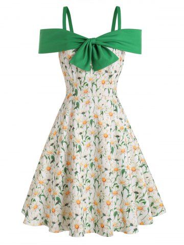 Floral Colorblock Bowknot High Waisted A Line Mini Vacation Dress - YELLOW - S