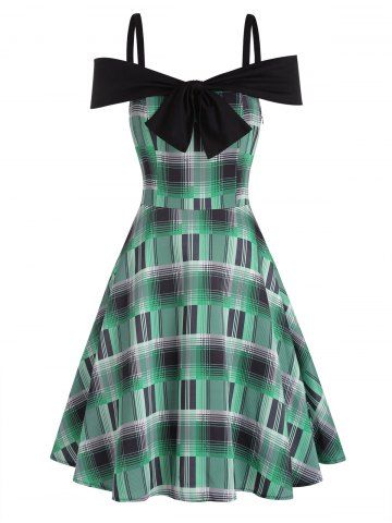 Plaid Print Bowknot Sleeveless High Waisted A Line Mini Casual Dress - GREEN - S