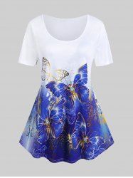 T-shirt Ombré à Imprimé Papillon de Grande Taille à Manches Courtes - Bleu profond 5x | US 30-32
