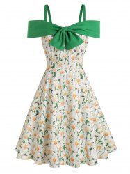 Robe Courte Trapèze Florale à Taille Haute à Nœud Papillon - Jaune 2XL