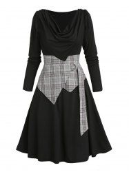 Plaid Print Insert Draped Self Belted O Ring Long Sleeve A Line Mini Casual Dress -  