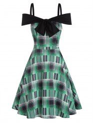 Mini Robe Ligne A Décontractée à Carreaux Imprimé à Taille Haute sans Manches avec Nœud Papillon - Vert L