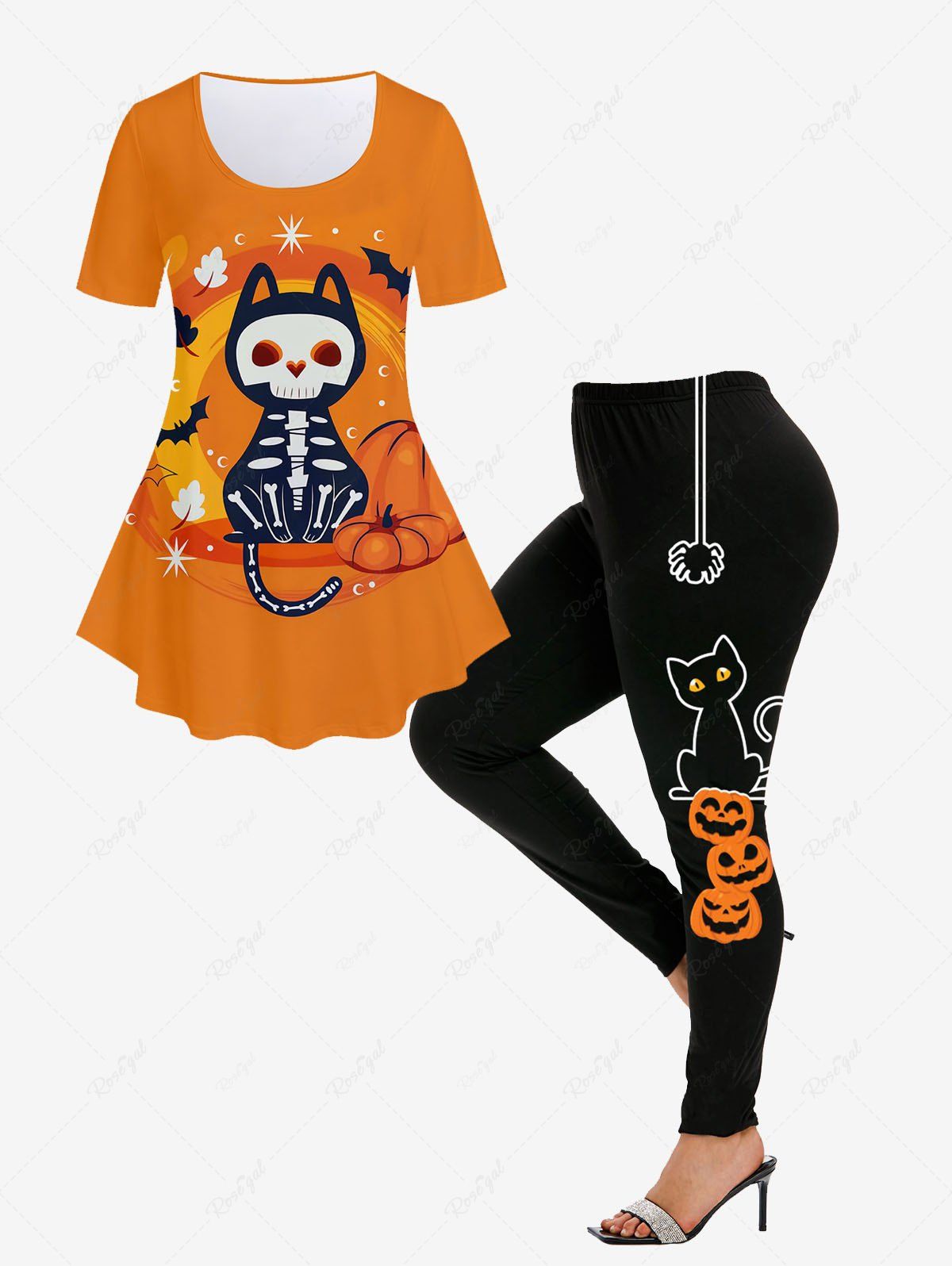 Fancy Skeleton Cat Pumpkin Print Halloween Tee and Halloween Pumpkin Cat Spiders Print Leggings Plus Size Outfit  