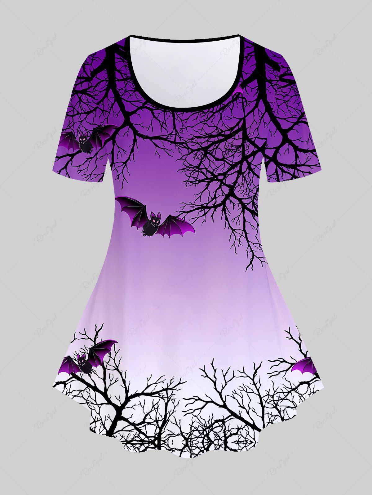 Affordable Plus Size Halloween Bat Tree Branch Print Ombre Tee  