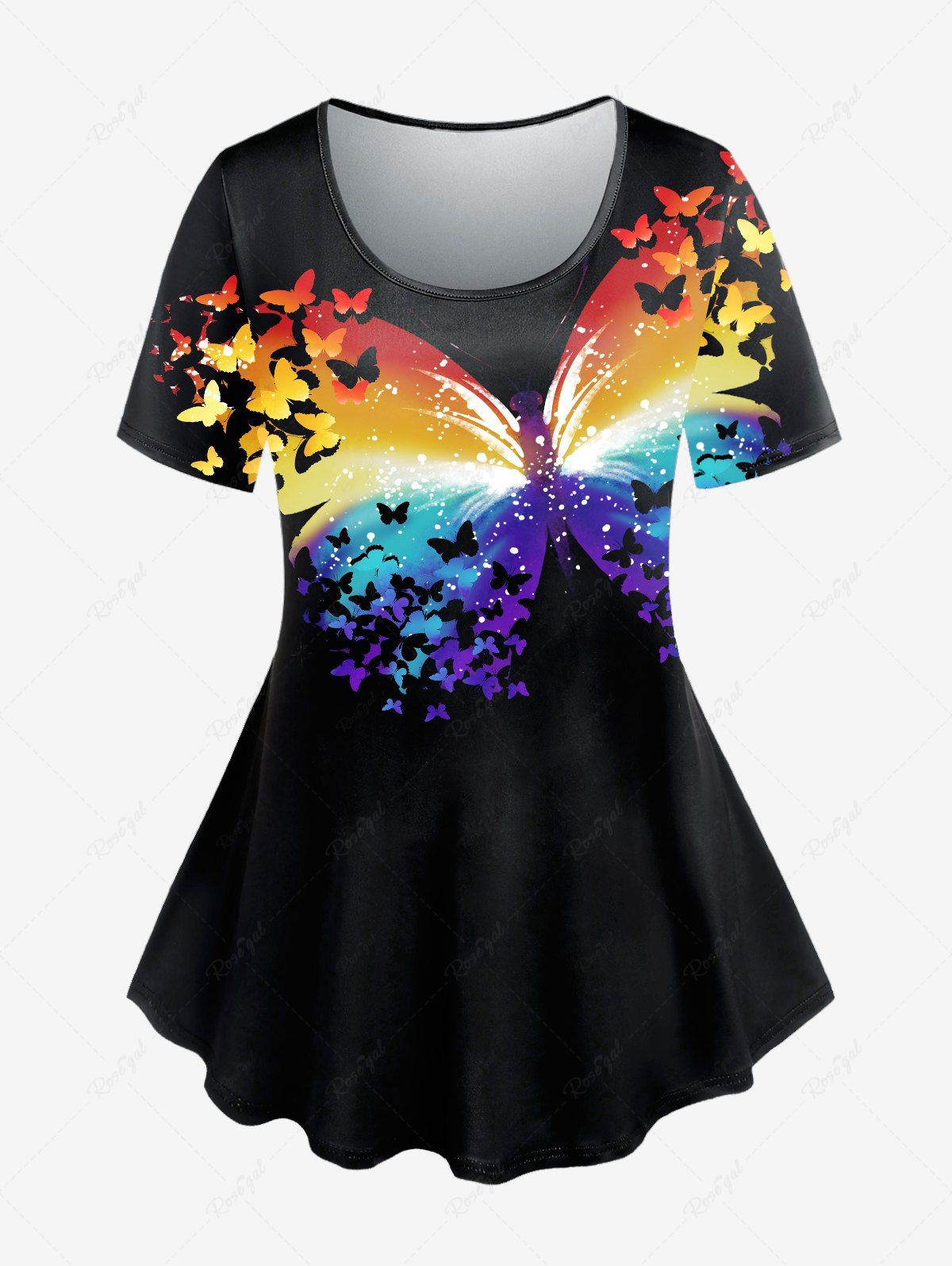 T-shirt à Imprimé Papillon Arc-en-Ciel à Manches Courtes Grande Taille Noir 4X | US 26-28