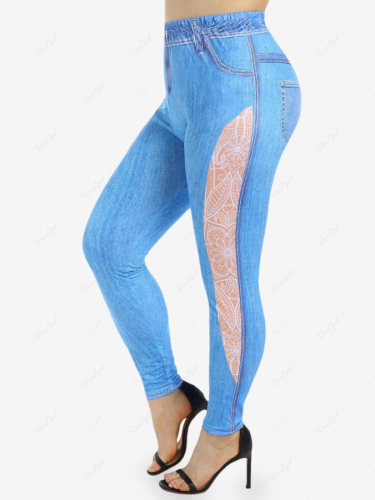 Legging Moulant à Imprimé 3D Jean en Blocs de Couleurs de Grande Taille Bleu 5x | US 30-32