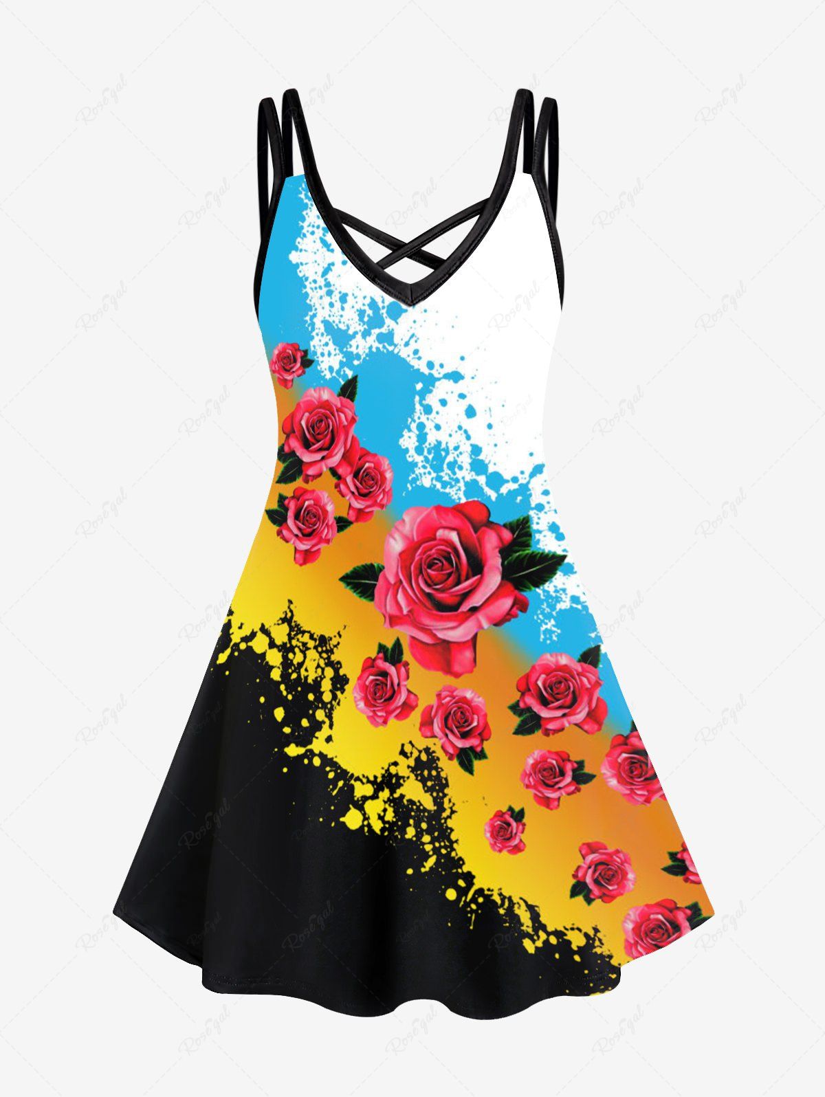 Discount Plus Size Rose Paint Paint Splatter Crisscross Printed A Line Sleeveless Dress  