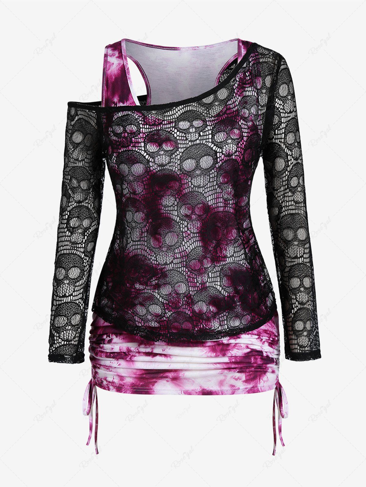 Fancy Gothic Skew Neck Skull Lace Tee and Tie Dye Cinched Tank Top Set  