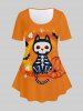 Skeleton Cat Pumpkin Print Halloween Tee and Halloween Pumpkin Cat Spiders Print Leggings Plus Size Outfit -  