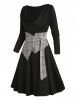 Plaid Print Insert Draped Self Belted O Ring Long Sleeve A Line Mini Casual Dress -  