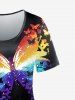 T-shirt à Imprimé Papillon Arc-en-Ciel à Manches Courtes Grande Taille - Noir 4X | US 26-28