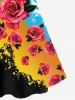 Plus Size Rose Paint Paint Splatter Crisscross Printed A Line Sleeveless Dress -  