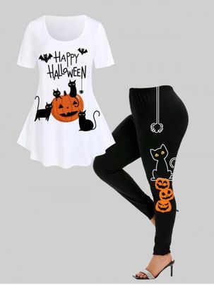 Halloween Pumpkins Bats Cat Printed Tee and Halloween Pumpkin Cat Spiders Print Leggings Plus Size Outfit