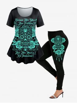 Skull Rose Print T-shirt and High Waist Skinny Leggings Gothic Matching Set Outfit - BLACK