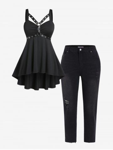 Gothic High Low Harness Tank Top and Ripped Jeans Outfit
