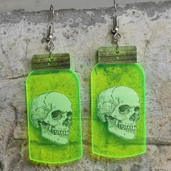 Gothic Halloween Fluorescent Acrylic Skull Dangle Drop Earrings - GREEN