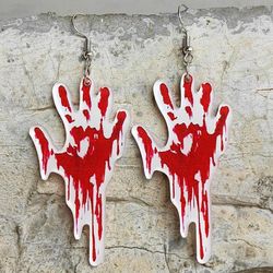 Gothic Halloween Bloodstained Handprint Dangle Earrings - RED