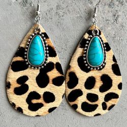 Water Drop Turquoise Leopard Dangle Earrings - MULTI