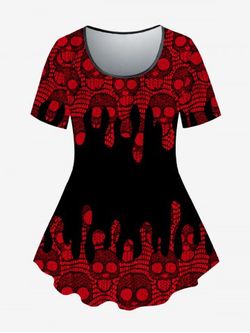 Gothic Short Sleeve Skull Lace Print T-shirt - BLACK - 3X | US 22-24