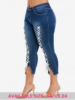 Plus Size Lace Up Capri Frayed Jeans - DENIM DARK BLUE - 5X