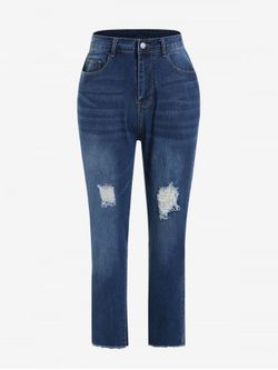 Plus Size Ripped Cat's Whiskers Frayed Hem High Rise Jeans - LIGHT BLUE - 4XL