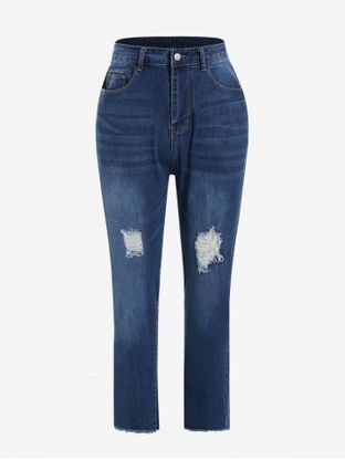 Plus Size Ripped Cat's Whiskers Frayed Hem High Rise Jeans