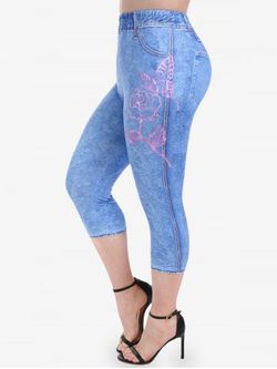 Plus Size 3D Jeans Butterfly Rose Printed Skinny Leggings - BLUE - 5X | US 30-32