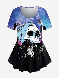 Gothic Short Sleeve Skull Galaxy Astronaut Print T Shirt - BLUE - 1X | US 14-16
