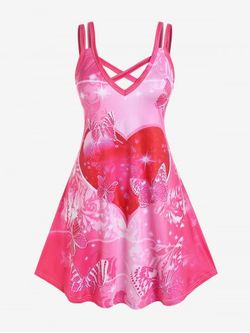 Plus Size Crisscross Heart Butterfly Print A Line Dress - RED - 3X | US 22-24