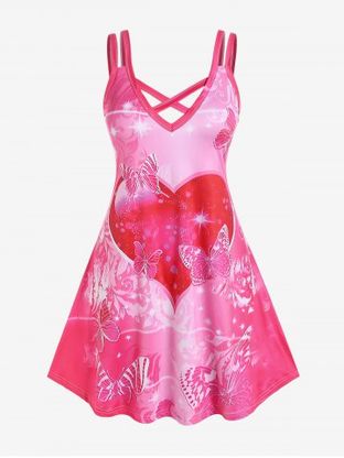 Plus Size Crisscross Heart Butterfly Print A Line Dress
