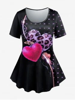 Plus Size Short Sleeve Leopard Heart Print T-shirt - BLACK - 3X | US 22-24