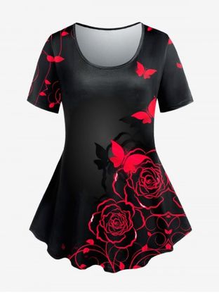 Plus Size Butterfly Rose Printed Short Sleeves Tee