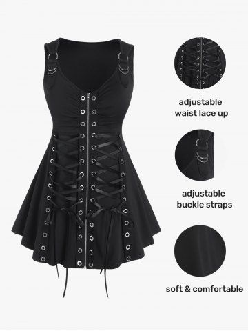 Lace Up Grommets Full Zipper Tank Top and Ripped Frayed Jeans Plus Size Outfit