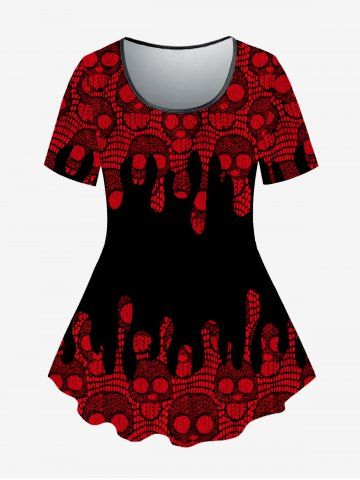 Gothic Short Sleeve Skull Lace Print T-shirt - BLACK - 1X | US 14-16