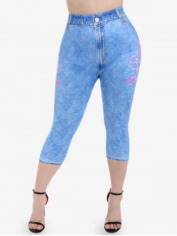 Plus Size 3D Jeans Butterfly Rose Printed Skinny Leggings