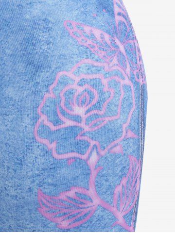 Plus Size 3D Jeans Butterfly Rose Printed Skinny Leggings