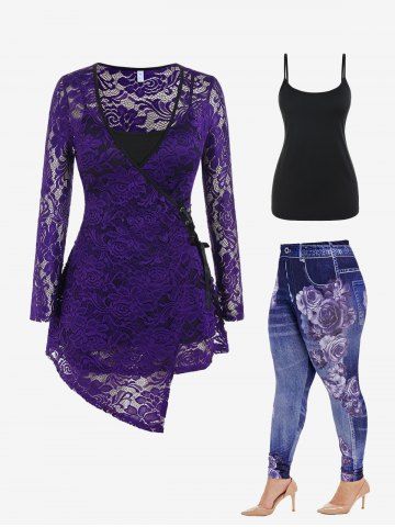 Lace Asymmetric Blouse and Camisole Set and High Rise Floral Gym 3D Jeggings Plus Size Outfit - PURPLE